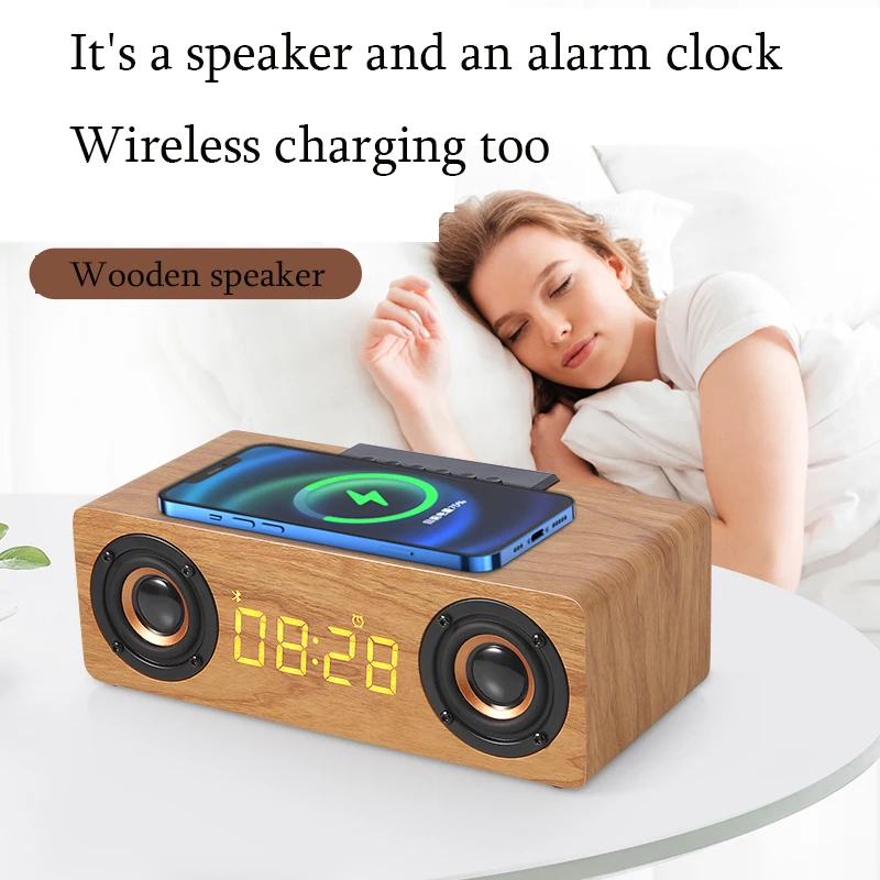 portable wooden wireless speaker K1 support TF card play quickly fast wireless charger led panel showing alarm clock FM AUX