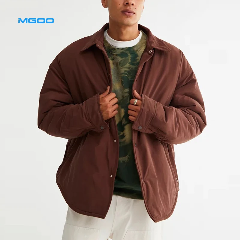 MGOO Blank men cotton padding shirt jacket Custom design curved hem button up winter jacket