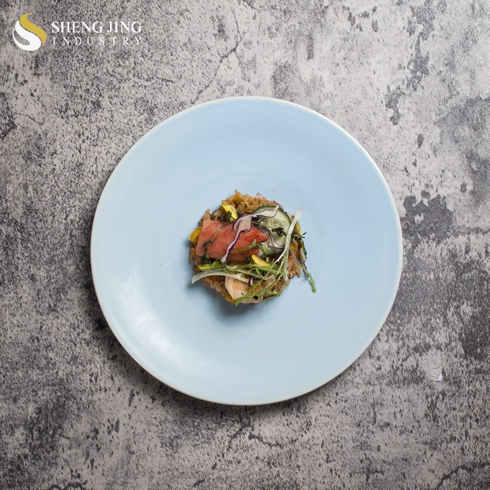 Light Raised Edge Vajilla Platos Blue Reactive Dinner Plate Side Prato Ceramic Dinnerware Flat Steak Dishes Coupe Round Plate