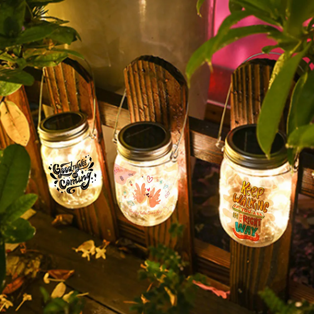 Wholesale blank Custom photo  glass solar LED Light sublimation Mason jar with hemp cord at night