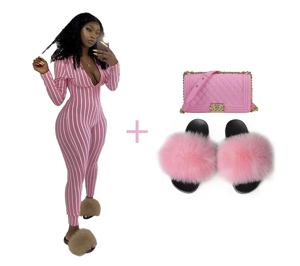 Новое поступление, Модные Недорогие удобные Разноцветные полосатые женские комбинезоны, меховые тапочки с кошельком