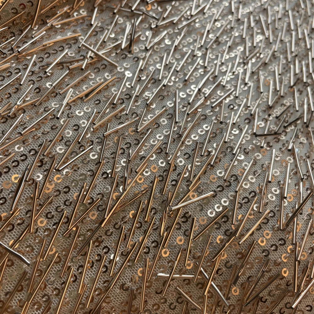 LIHUAN Custom 3D Geometric Design Chainmail Sequin Fabric Lace Mesh Beaded Sequin Embroidery Fabric With Glitter For Party Dress