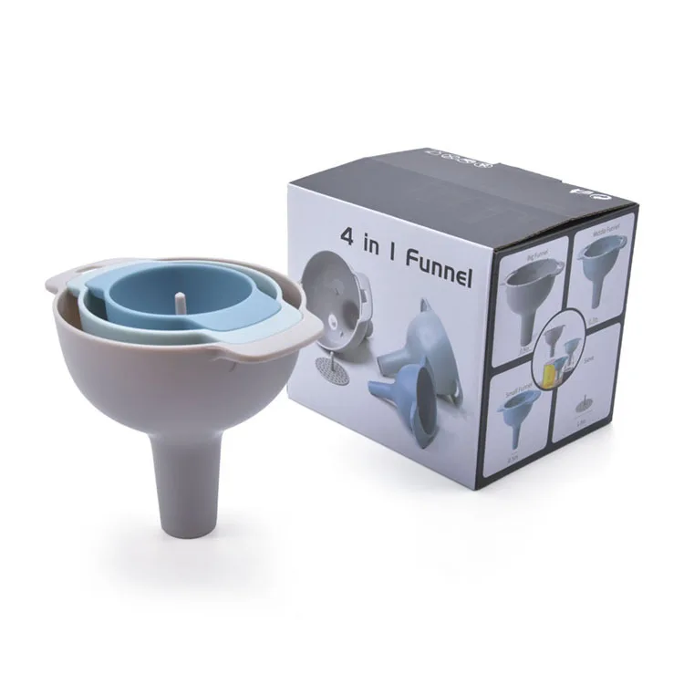 Multifunction Kitchen Plastic Nested Stackable Detachable Powder Oil Fluid Liquid Strainer Filter 4 in 1 Funnel Set