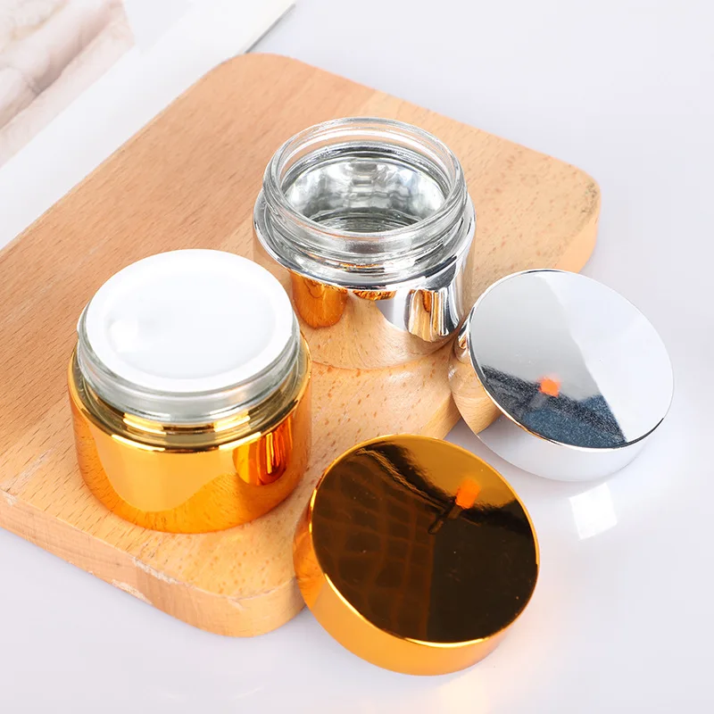 Wholesales Empty Refillable Bottle 5g 10g 15g Glass Electroplate Gold Silver Face Cream Jar 20g 30g 50g Cosmetic Cream Packaging