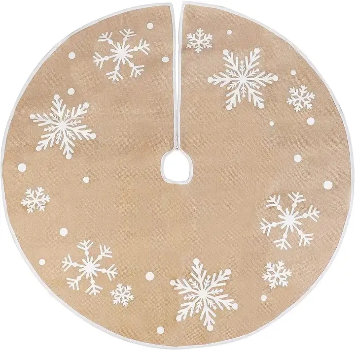 Eco-Friendly Snowflake Pattern Burlap Christmas Tree Skirts 90cm Xmas Tree Stand Skirts Jute Burlap Tree Stand Cover With Rope F