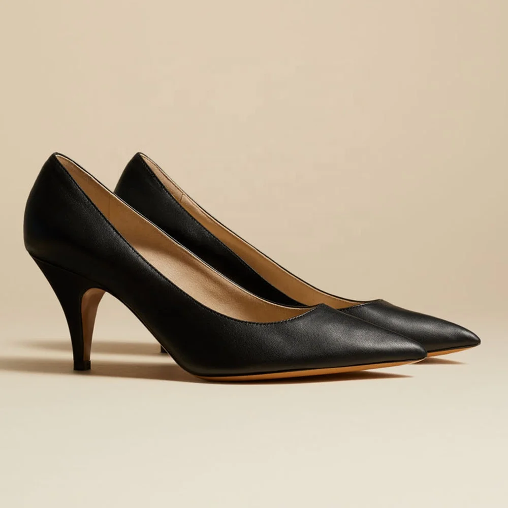 Formal Business Classy Ladies Low Work Mid Heel Office Genuine Leather Pumps High Kitten Heels Shoes Women Large Sizes