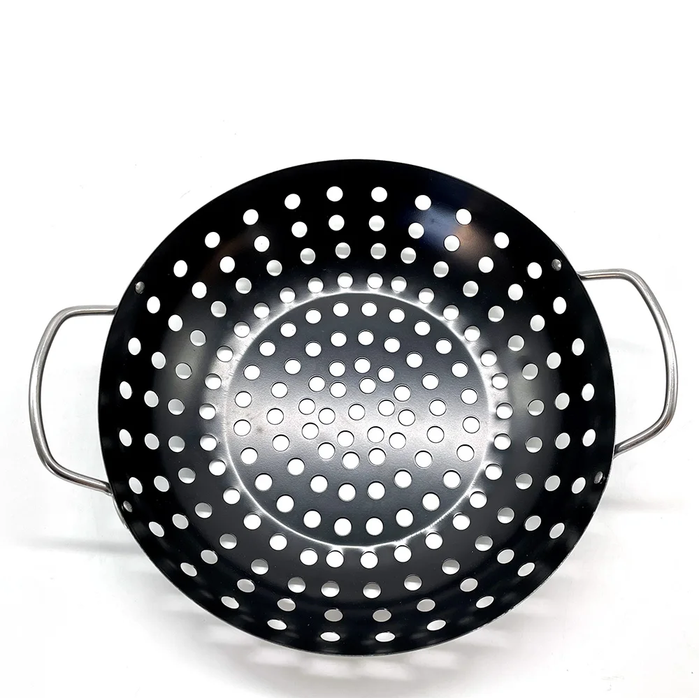 Heavy Duty Round Grill Wok with Handle Vegetable BBQ Grilling Basket Cooking Pan Charcoal