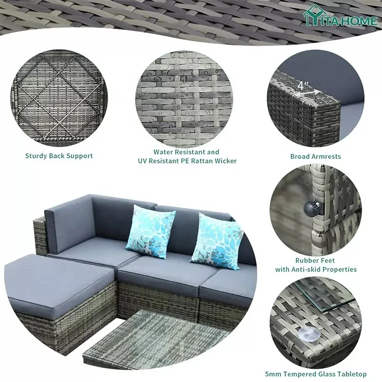 3 PCS Outdoor Furniture Wicker Sectional Sofa Sophisticated Glass Coffee Table Garden Set