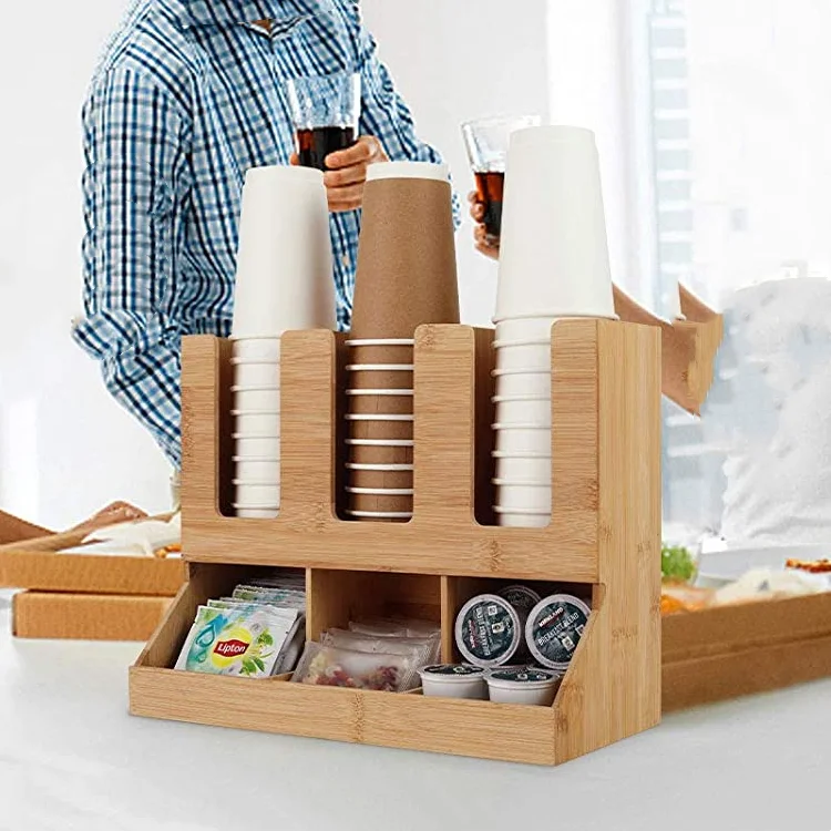 High quality natural wood Bamboo coffee station organizer 6 Compartments Condiment Rack