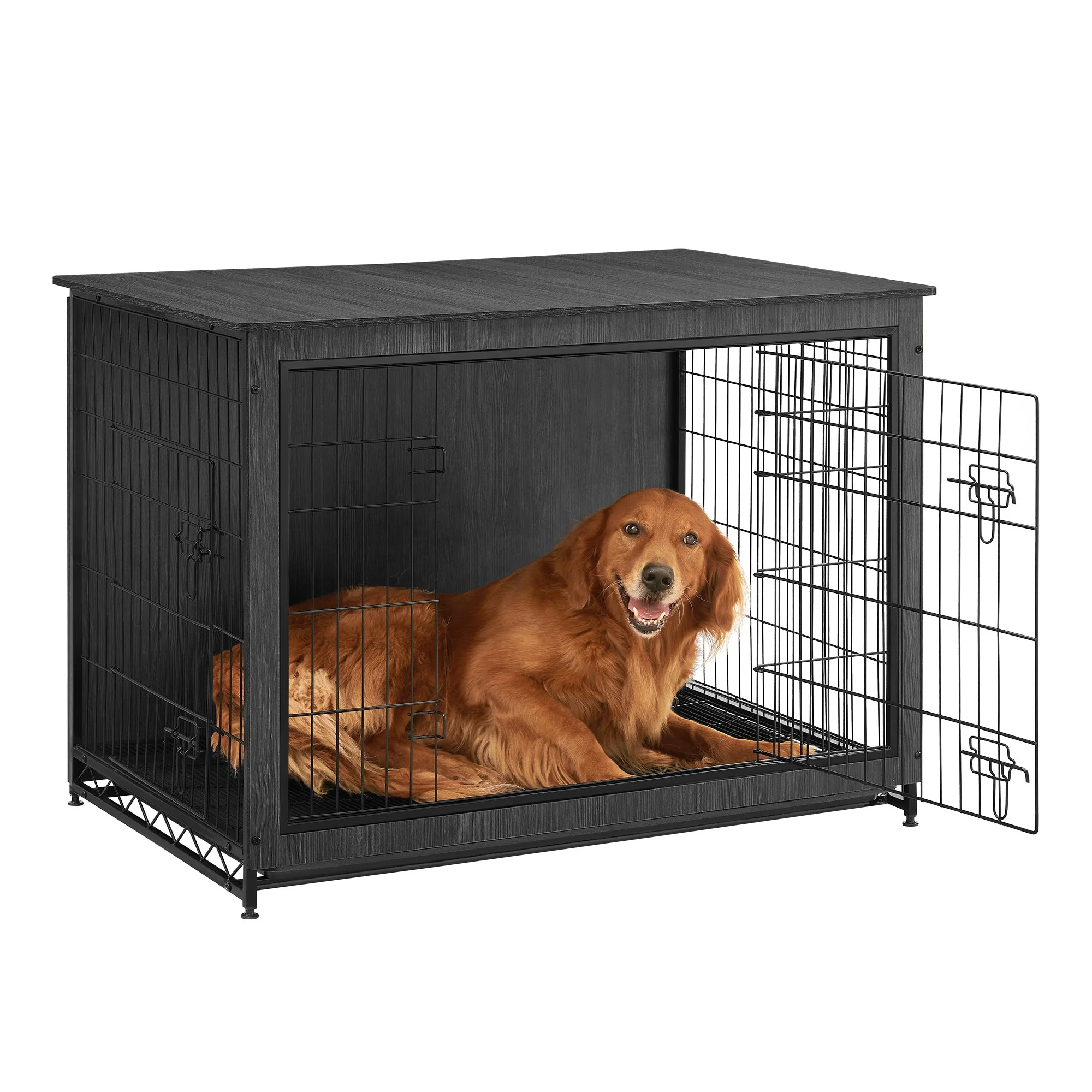 Feandrea Heavy Duty Large Dogs Cage Dog Crate Furniture Dog Kennel with Wooden Top