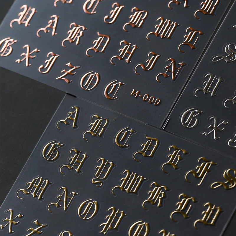 3D Laser Nail Stickers New Embossed Gold Foil Nail Decals Gothic Letter Rose Gold Nail Art Stickers