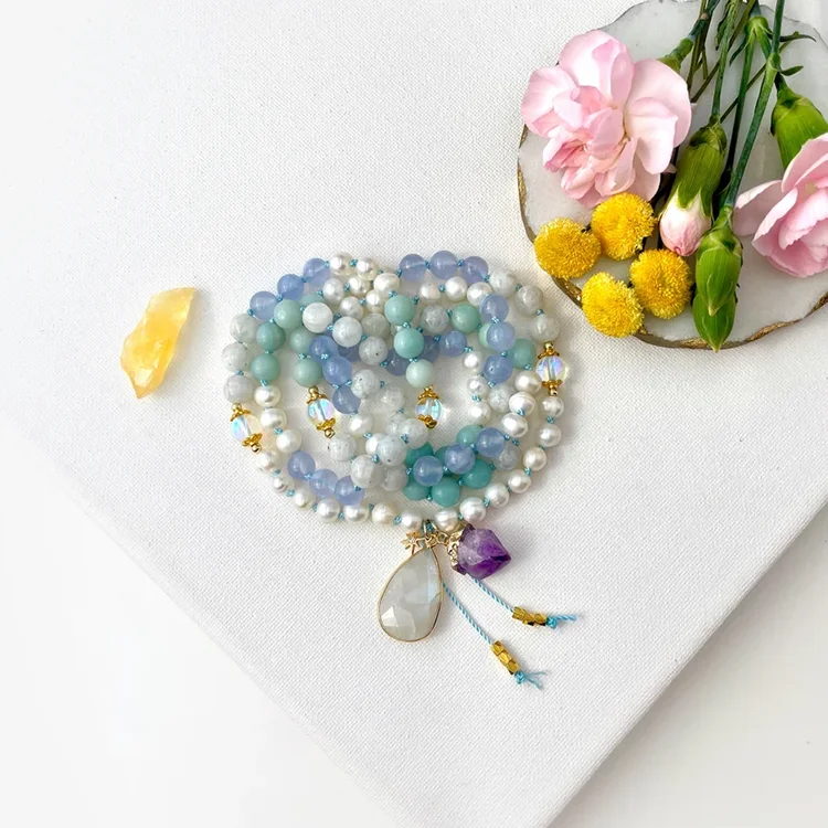 Amethyst Fresh Water Pearl Moonstone Gemstone Yoga Meditation Hand Knotted Mala Prayer Bead Necklace