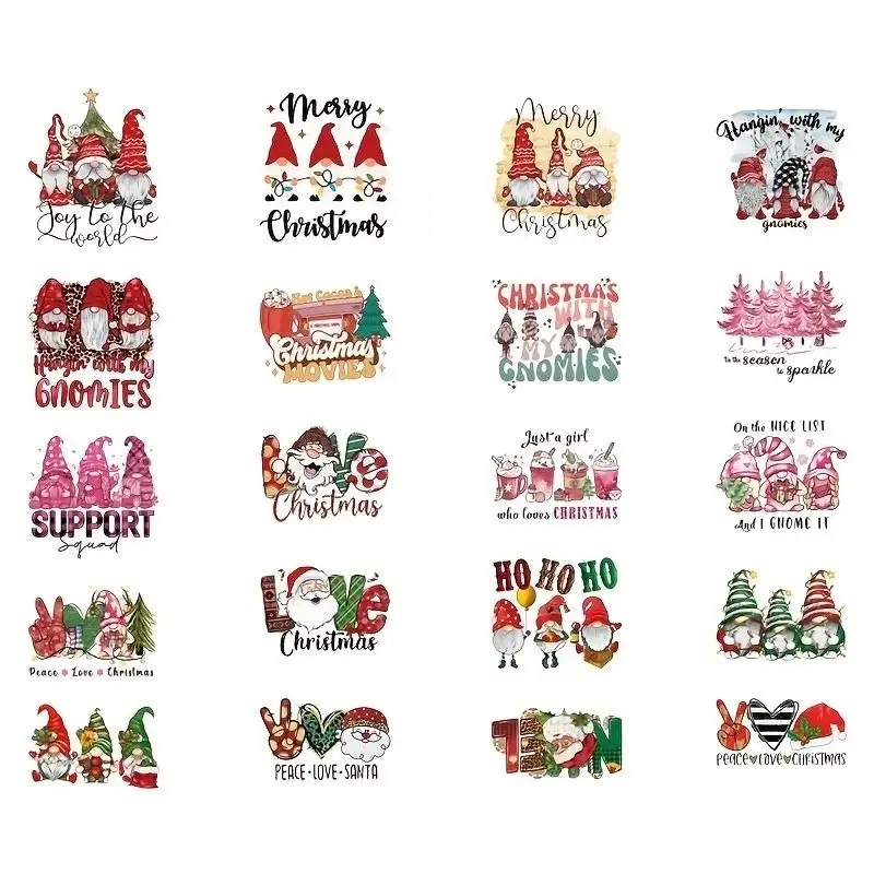 20pcs Christmas Gnome Pattern Iron-on Heat Transfer Sticker Heat Pressed Decals Heat Transfer For DIY T-Shirt Jeans Backpack