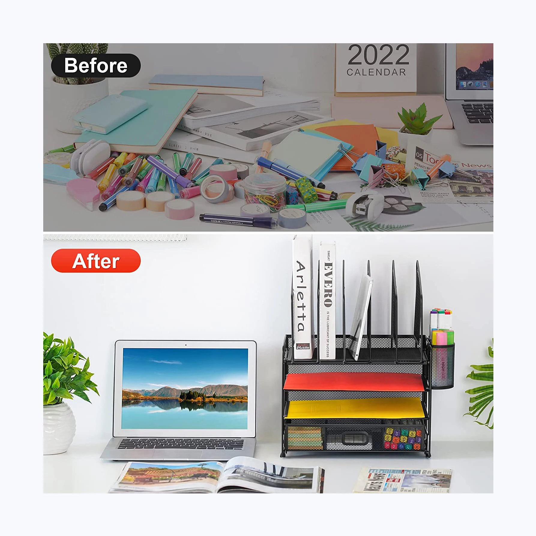 Organizador de archivos de escritorio de oficina de metal negro File Holder