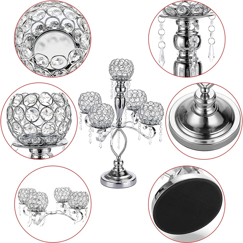 5 Arms Glass Candle Holders Candelabra Crystal Metal Candlesticks Stand Wedding Party Decorative Dining Room Table Centerpieces