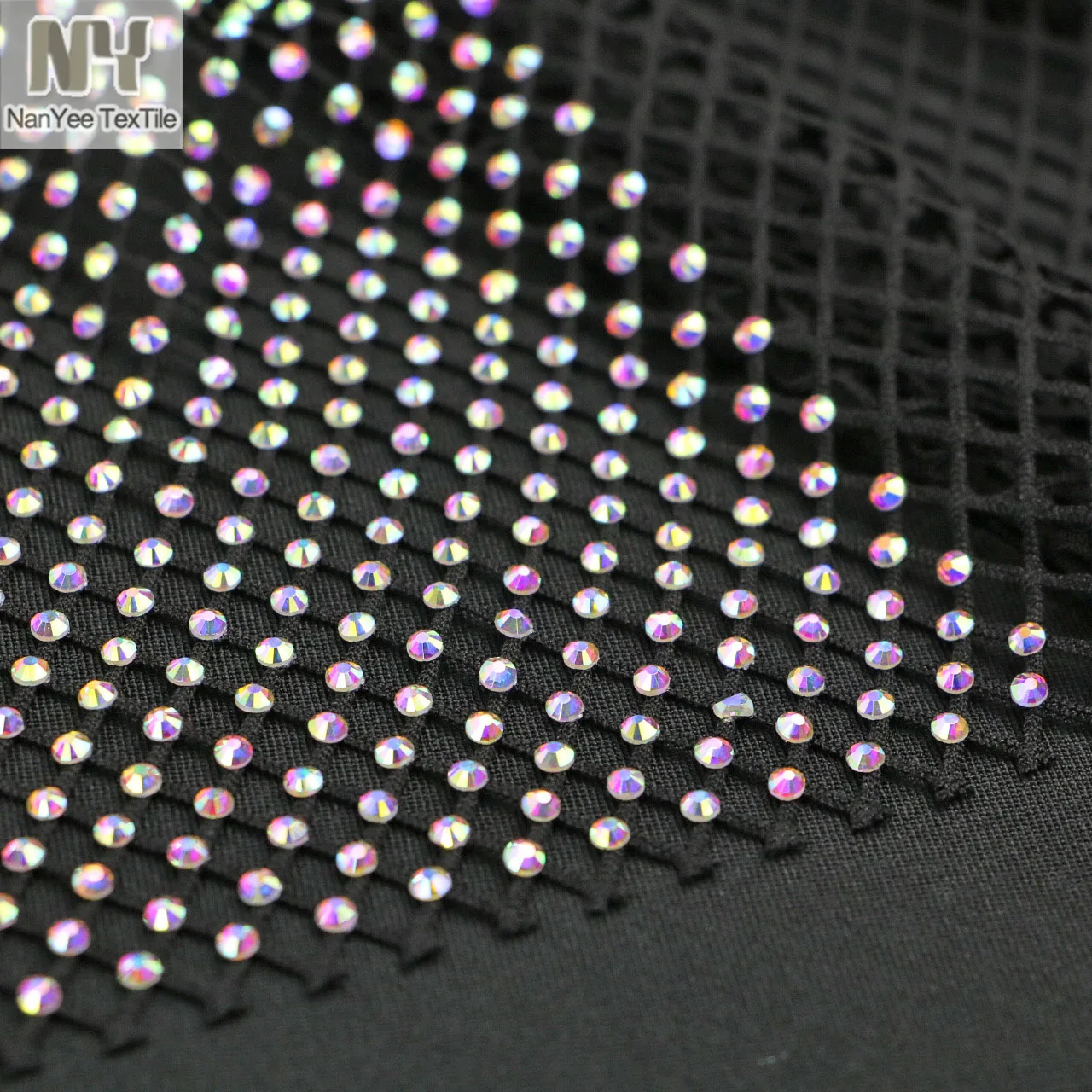 Nanyee Textile Luxury AB Colorful Stretch Foiled Rhinestone Mesh Fabric