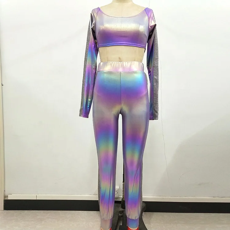 Custom High Elastic Metallic Skinny Pants Long Sleeve Top Women Two Piece Set