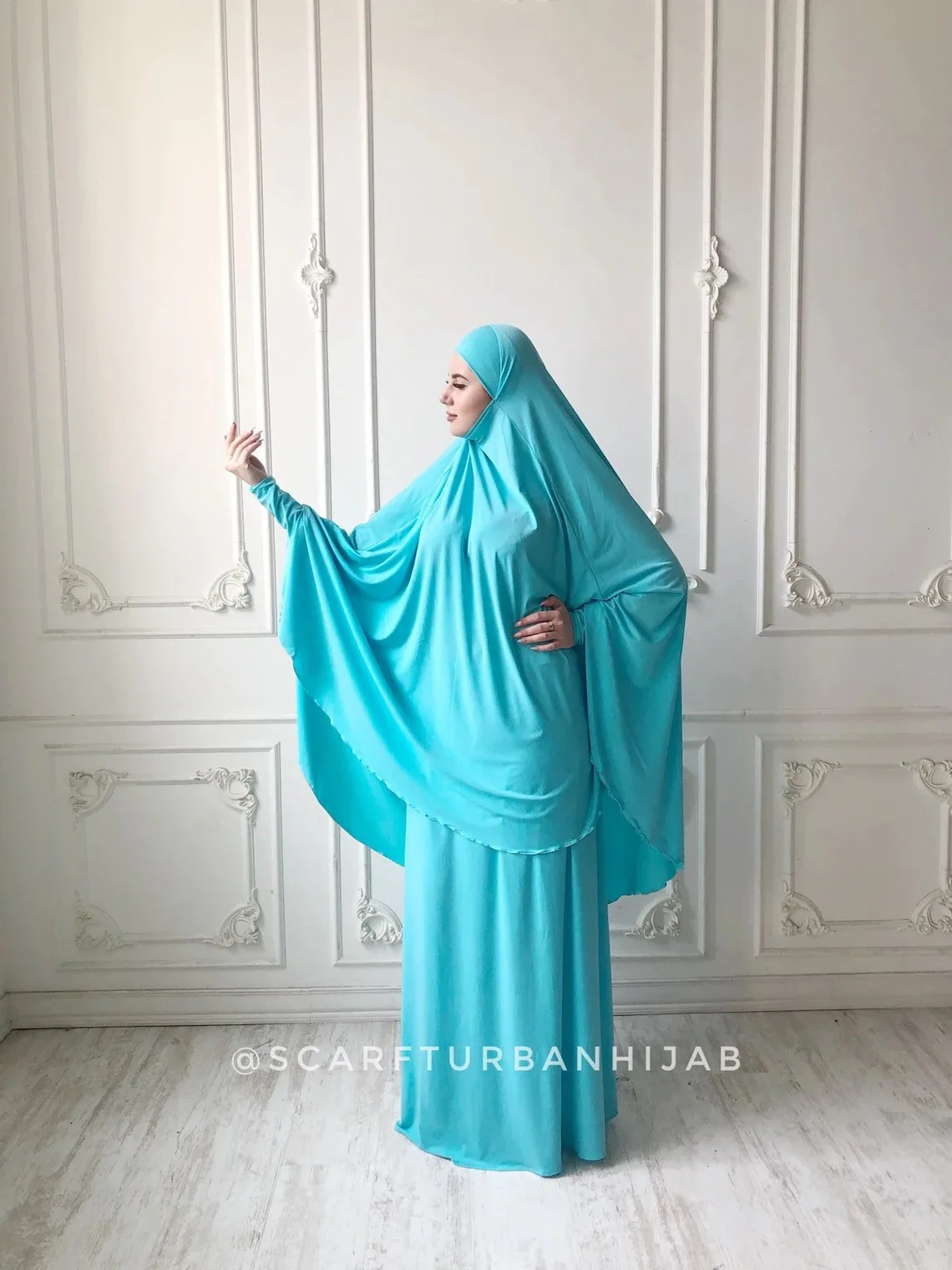 Islamic Ramadan Muslim Turquoise Jersey Long Hijab With Skirt Two Piece Sets Telekung Prayer
