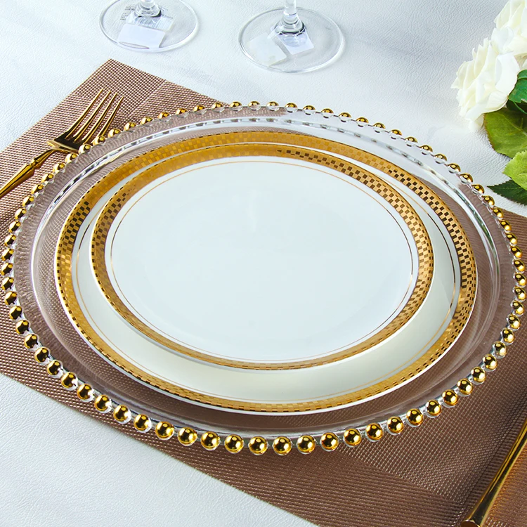 Popular Wholesale Ceramic Tableware Charger Plates Set, Porcelain Gold Wedding Dinnerware Dinner Dishes Plates Charger Sets