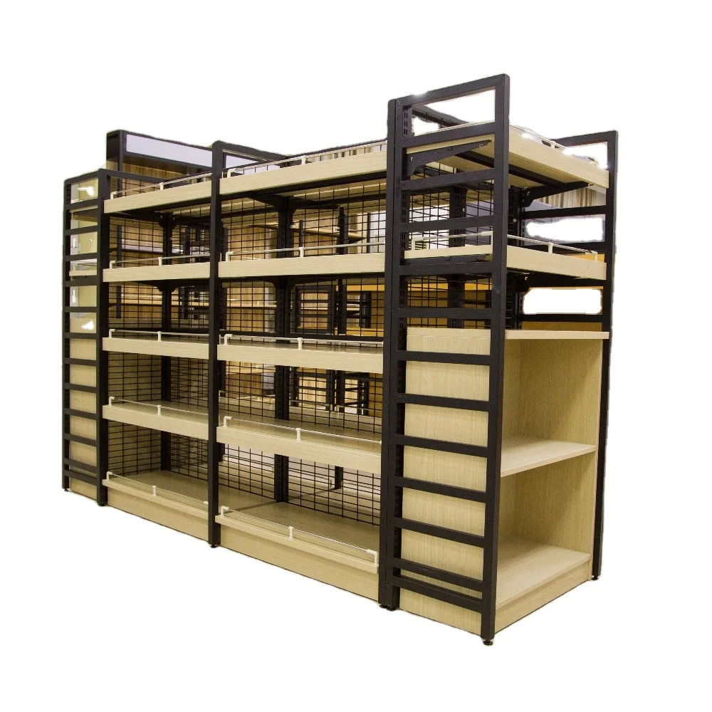 Supermarket rack steel shelf, wood rack/ wooden and steel display shelf