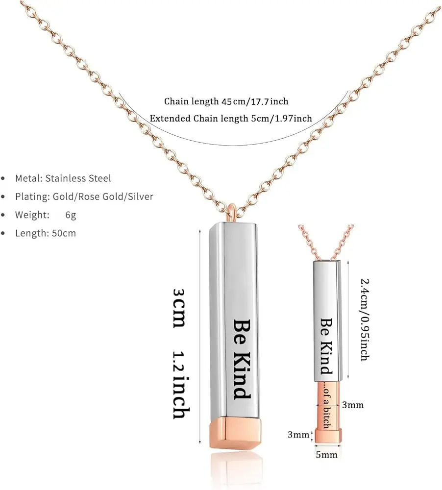 Be Kind Of A B with Hidden Information Necklace 3D Carved Vertical Bar Necklace Stainless Steel Square Tube for Best Friends