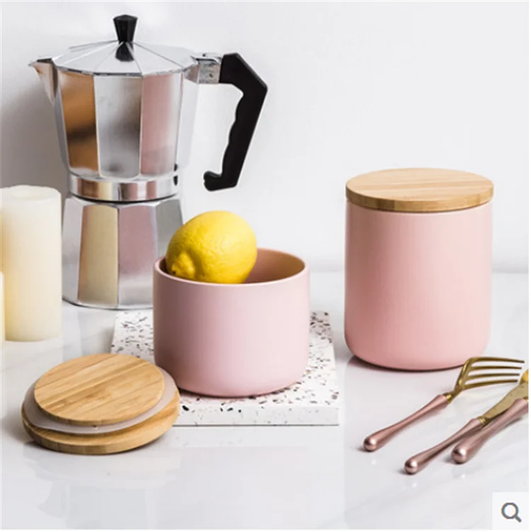 Bulk Matte pink Seal Porcelain Candy Cookie Storage Jar With Bamboo