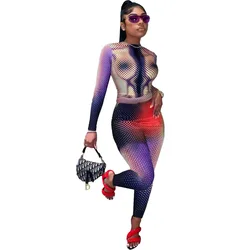 Sexy Tie Dye Two Piece Set Long Sleeve Crop Top Pencil Pants Women Y2k Clothing 2 Piece Set Leggings Matching Sets