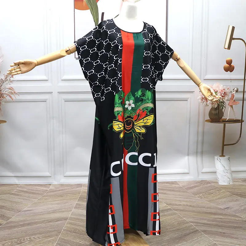 GANE RTS/OEM Women Plus Size Dress Famous Brand Printed Silk Short Sleeve Robe Loose Kaftan Skirt African clothing muslim dress