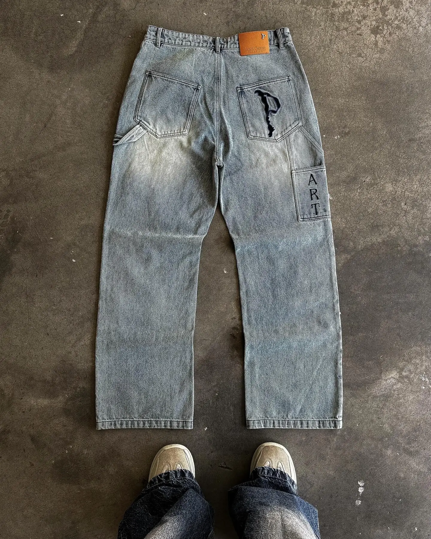 Designer Distressed Straight Acid Wash Baggy Cargo Jeans Unisex Wide Leg Pants Rhinestone Double Knee Denim Carpenter Pants Men