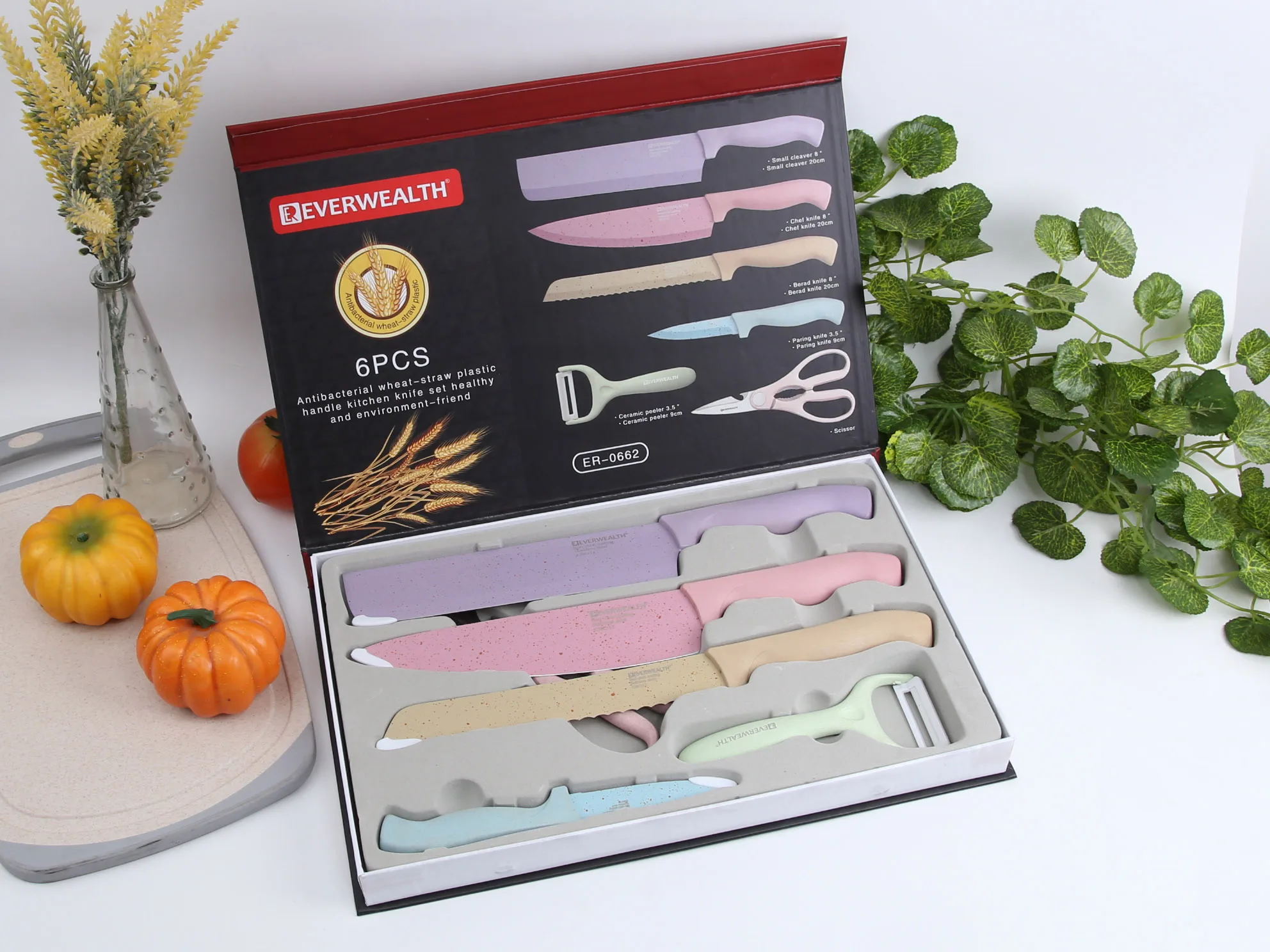 2021 new design wheat PP handle stainless steel non stick kitchen knife set in gift box packing