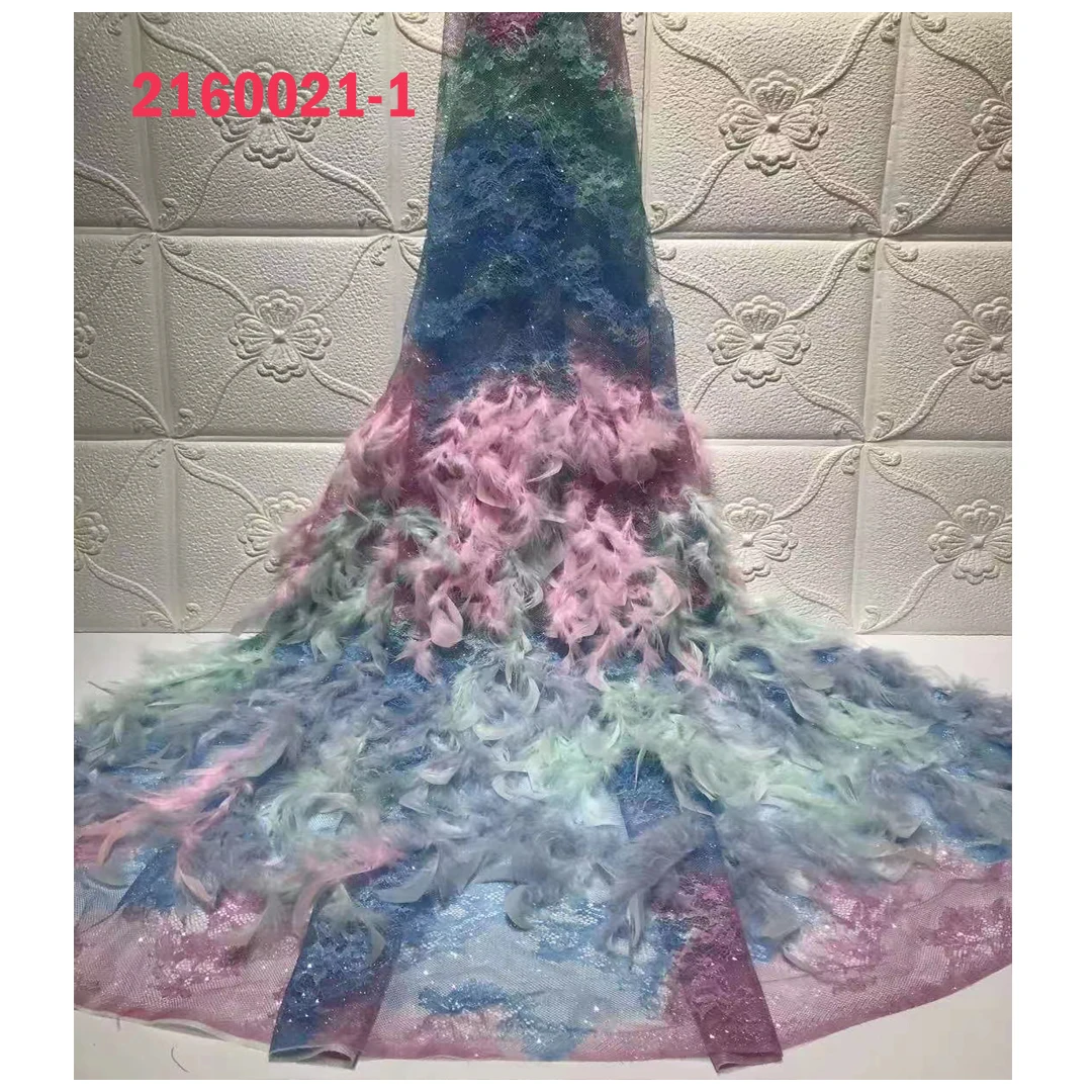 New fancy colorful  african french ladies dress tulle mesh lace fabric stones hot selling sexy lace feather