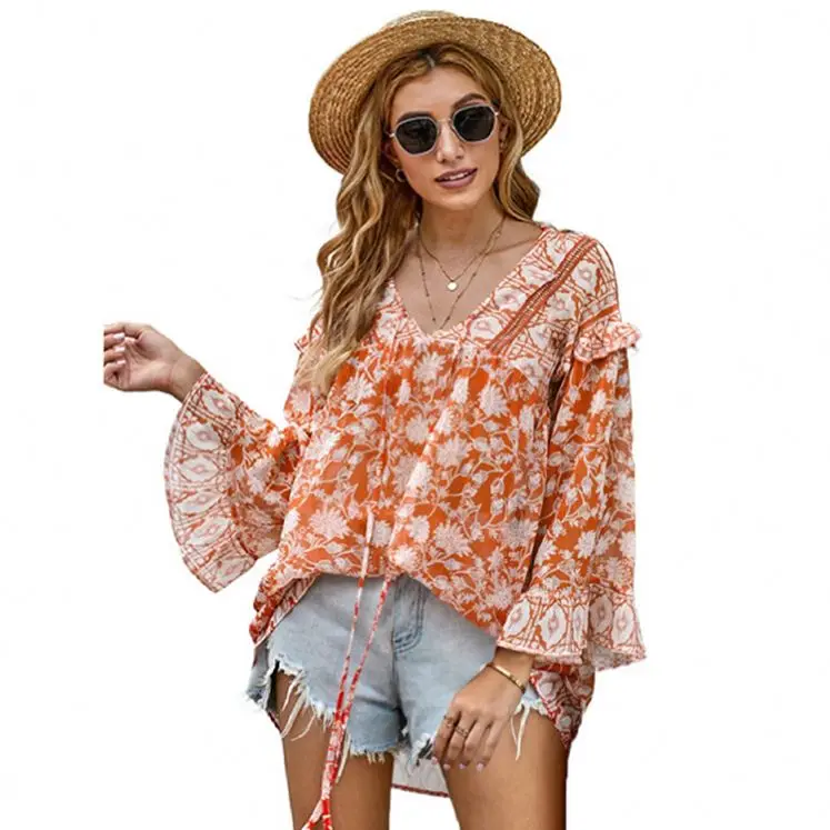 Производитель одежды оранжевые топы с принтом в стиле бохо свободная туника длинным рукавом блузка цветочным для