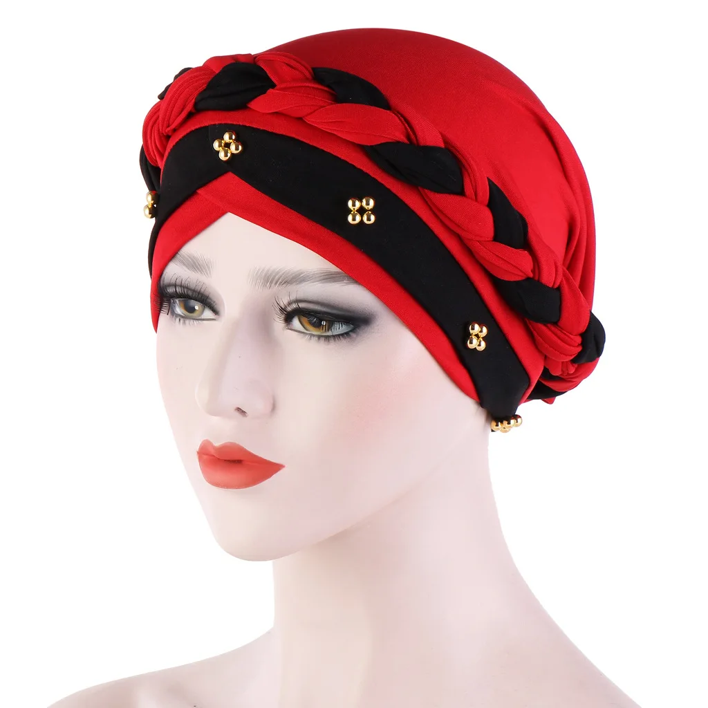 New European and American Summer Baotou Hat Cotton Muslim Headscarf with Milk Silk Two-Color Beaded Braid Colorful Nail Design