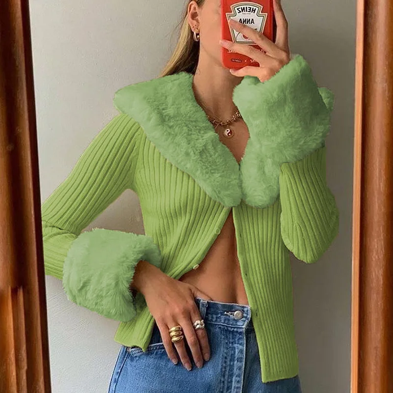 Patchwork Knitted Cardigan Coats and Jackets Fashion Warm Tops Women Button up Long Sleeve Winter Fluffy Faux Fur Green Logo Bow