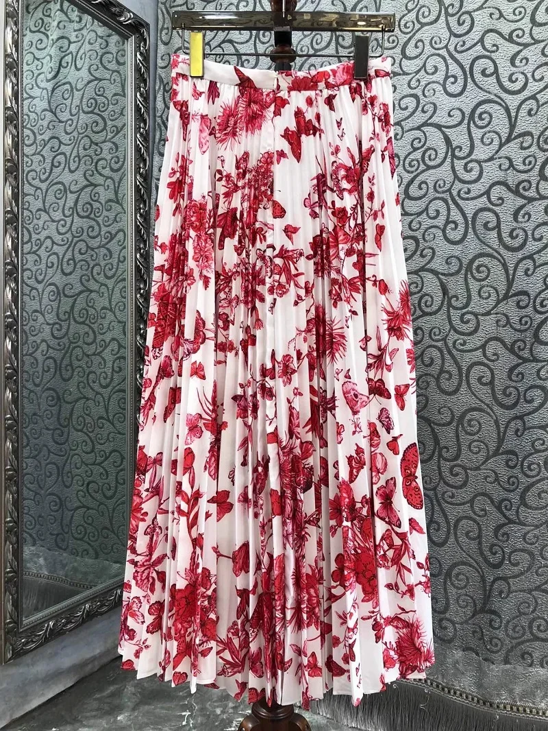 Top Quality New Long Skirt 2024 Spring Fashion Women Colorful Floral Prints High Waist Long Maxi Skirt Lady Cotton Pleated Skirt