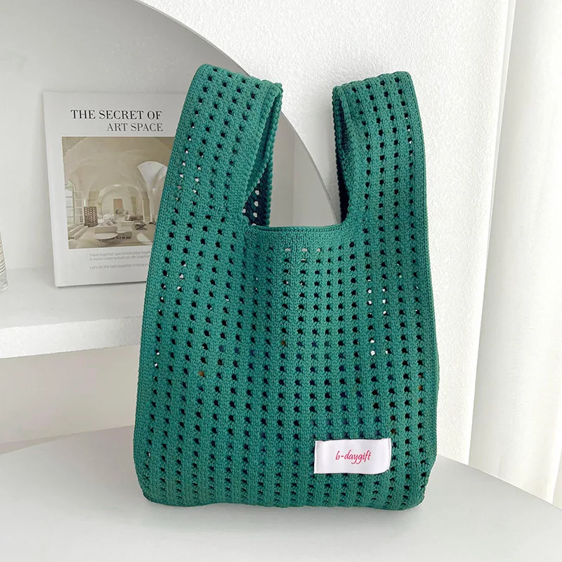 Fashion Plain Design Polyester Handbag Pouch Portable Open Knitting Hand Bags