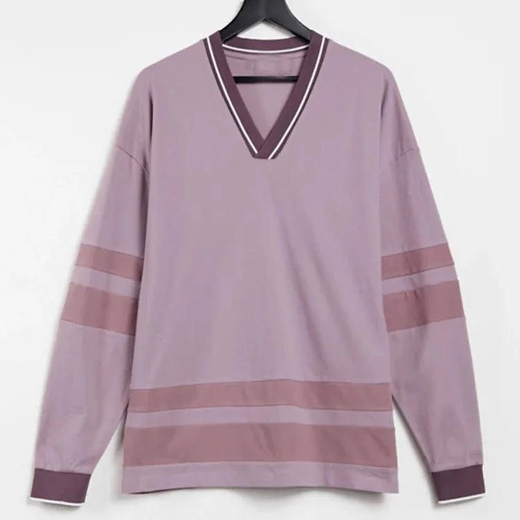 oversized light pink pique with contrast taping v neck long sleeve T-shirt