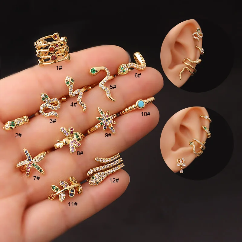 POENNIS Gold Plated Cuff Earring No Piercing Cartilage Ear Cuff Stainless Steel Zircon Adjustable Snake Ear Clip On For Women