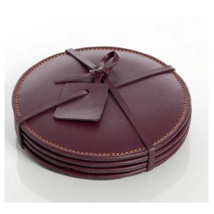 Luxury 4 pieces round vintage real cow leather coasters set