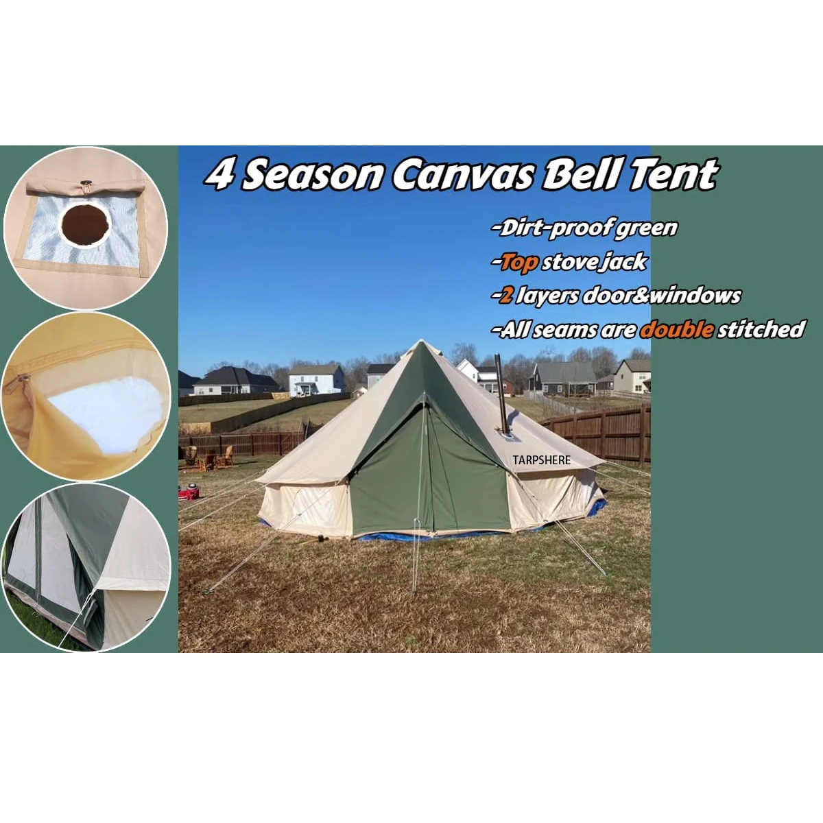 outdoor green all weather canvas bell tent with roof stove jack waterproof 4 season yurt wall tents family camping 4-6 person