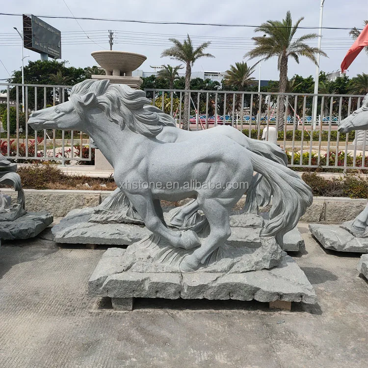 Outdoor Garden Decoration Natural Black Granite Stone Carving Large Galloping Horse Statues Life Size Winged Sculptures