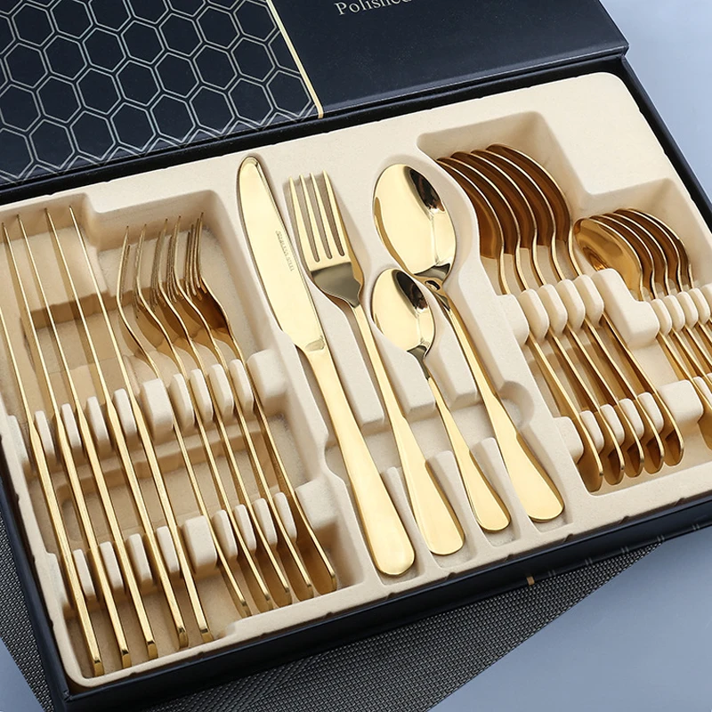 Cutlery Set 24 Piece Cutlery Sets Stainless Steel Golden Silver Spoon Fork and Knives Flatware Set