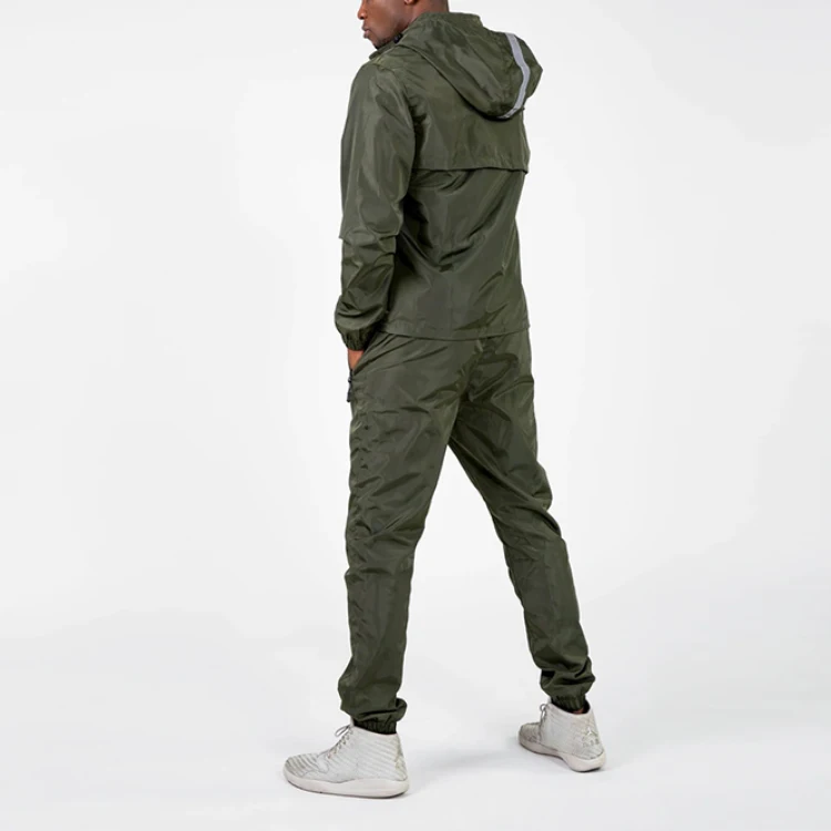 wholesale men unisex windbreaker sweatsuit jogger tracksuit custom logo reflective nylon pants plain two pieces set
