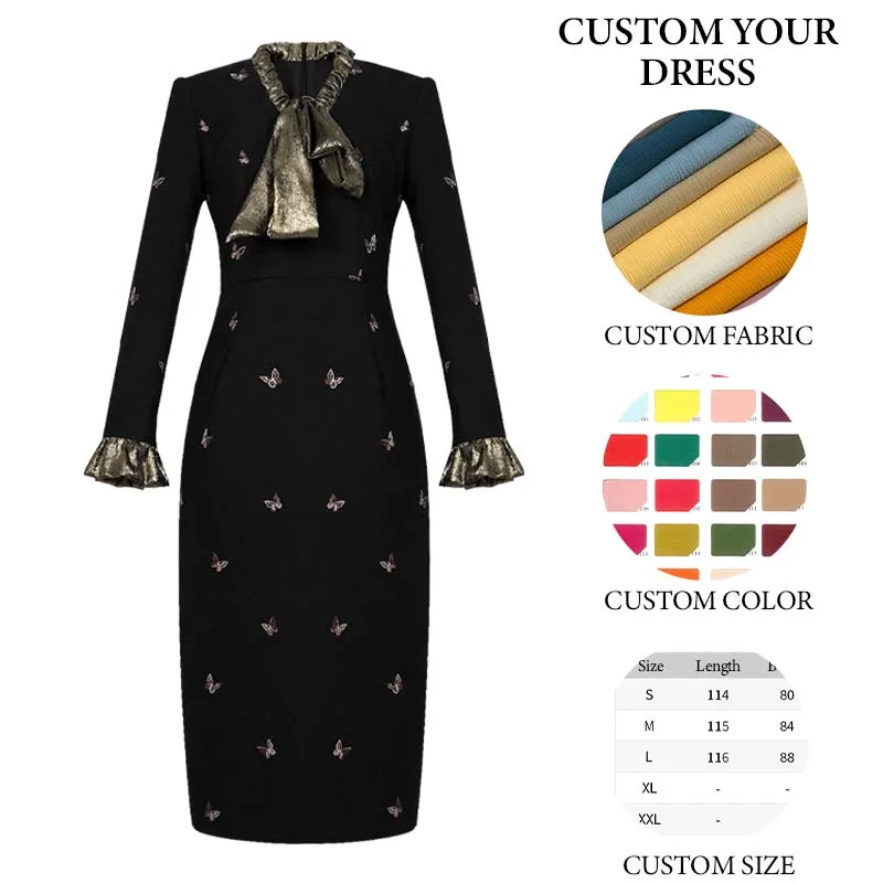 ZYHT 40675 Breathable Embroidery Butterfly Casual Dresses Pencil Black Long Sleeve Winter Midi Dress for Women