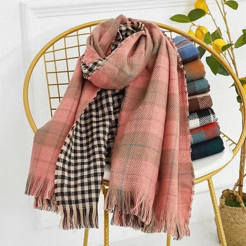 Autumn and winter new thickened warm double-sided fine grid scarf