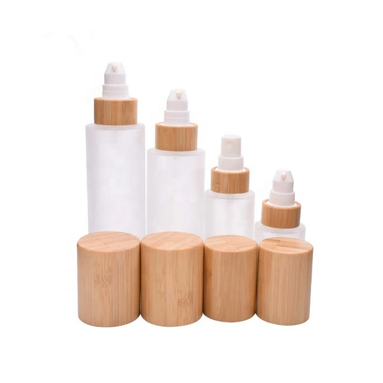2020 Hot Sell Cylinder Shape  Frosted  Glass Bamboo Lotion Pump Emulsion Bottle Portable Travel Spray Bottle