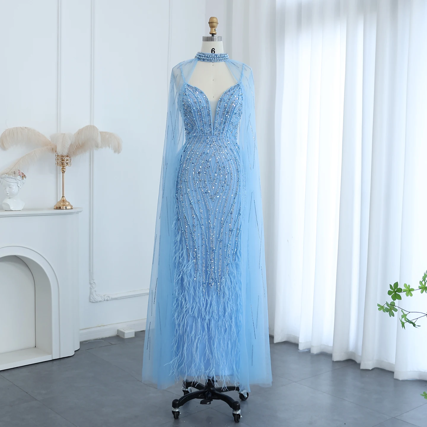Шарон сказал SS185 роскошное белое платье с перьями Русалка вечернее ожерельем на тонких бретельках женское свадебное