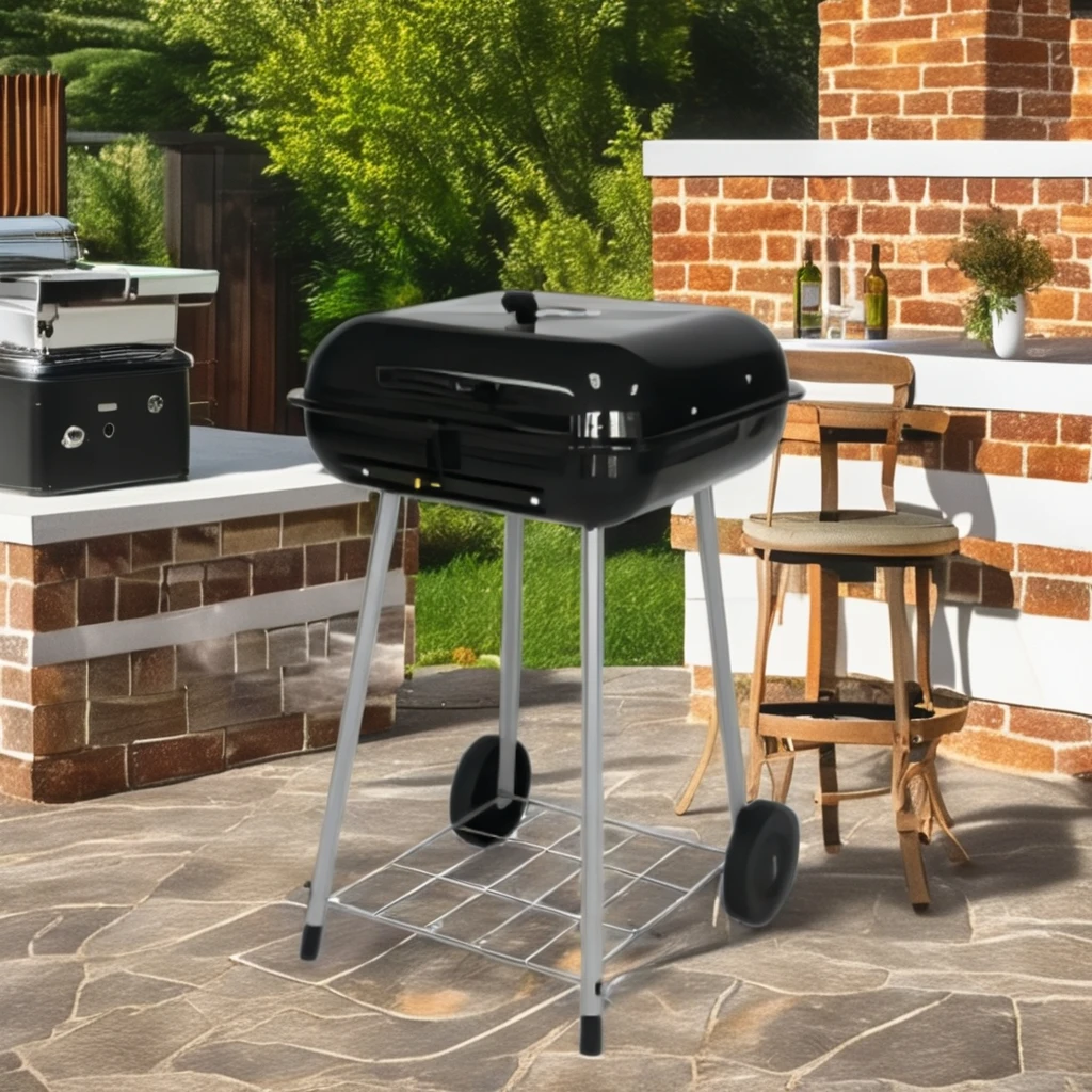 High Quality 17.5inch Square Ceramic BBQ Grill Easy-to-Assemble Movable Trolley for Indoor/Outdoor Garden Use for Camping