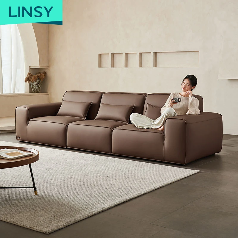 Linsy Luxury big black leather living room sofa furniture villa sofa Italian design sectional couches