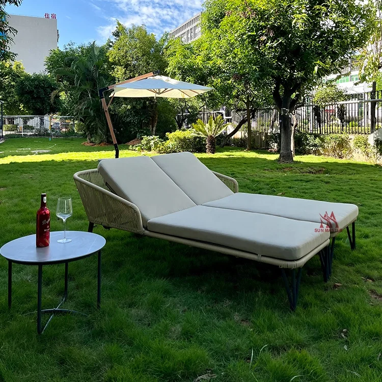 Outdoor Furniture 2 lover Seat Beach Rope Woven Recliner Sun Lounger Adjustable Sunbed Aluminum Swim Pool Hotel Garden Day Bed